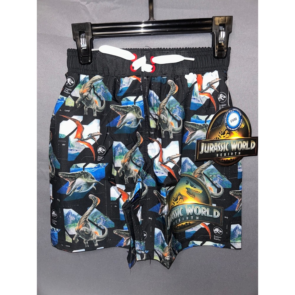 Jurassic World Rebirth Boys Swim Trunks Black Dinosaur UV50 Board Shorts Sz 6/7‎